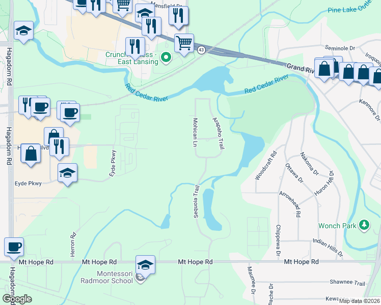 map of restaurants, bars, coffee shops, grocery stores, and more near 4733 Mohican Lane in Meridian charter Township