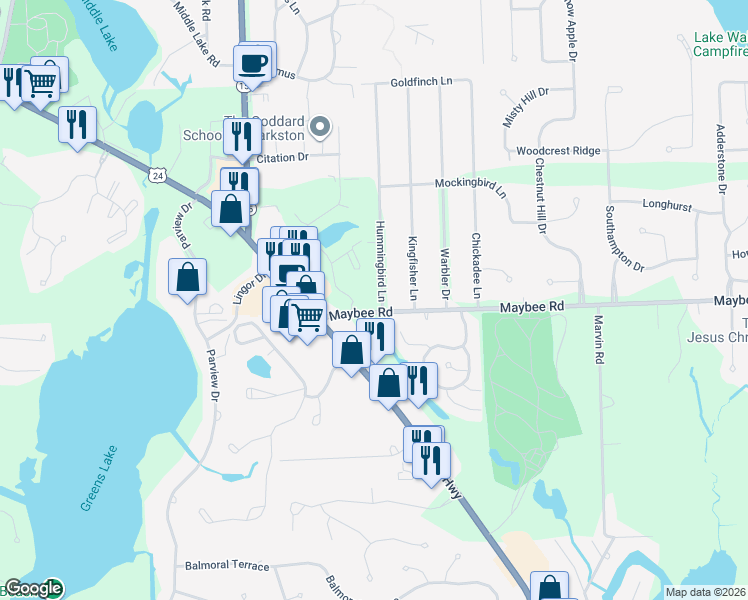 map of restaurants, bars, coffee shops, grocery stores, and more near 5509 Hummingbird Lane in Village of Clarkston
