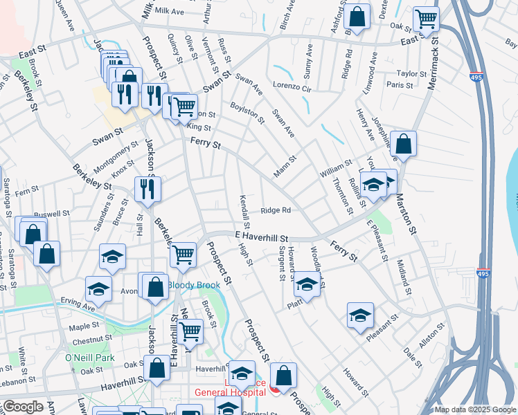 map of restaurants, bars, coffee shops, grocery stores, and more near 23 Ridge Road in Lawrence