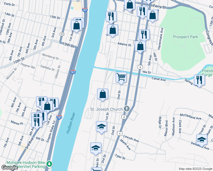 map of restaurants, bars, coffee shops, grocery stores, and more near 7 Madison Street in Troy