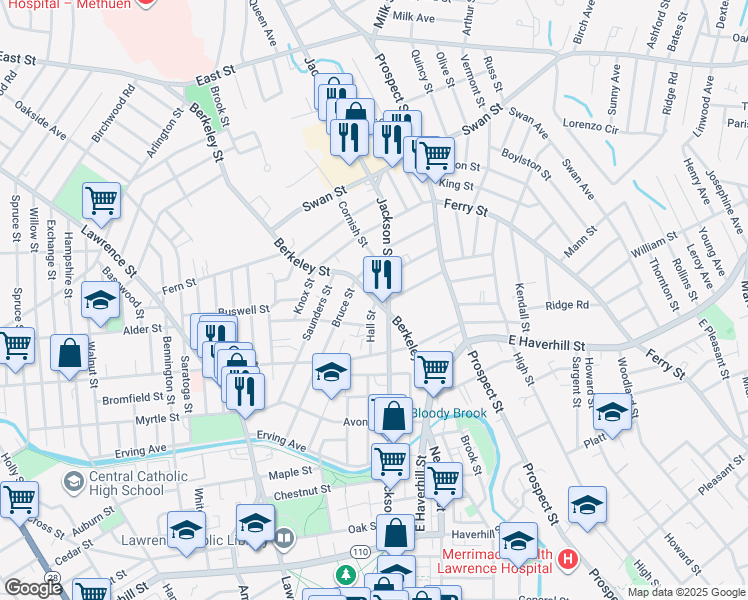map of restaurants, bars, coffee shops, grocery stores, and more near 64 Berkeley Street in Lawrence