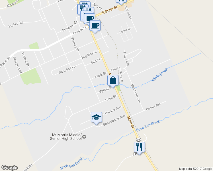 map of restaurants, bars, coffee shops, grocery stores, and more near 8 Spring Street in Mount Morris