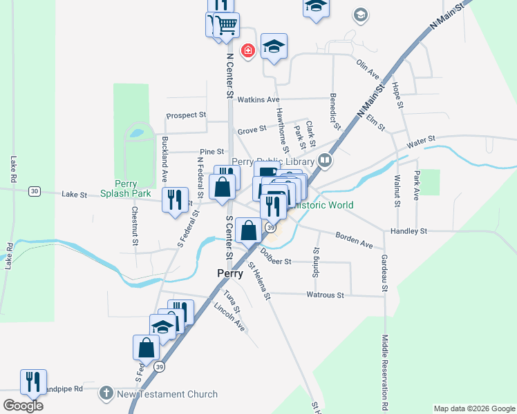 map of restaurants, bars, coffee shops, grocery stores, and more near 35 Lake Street in Perry