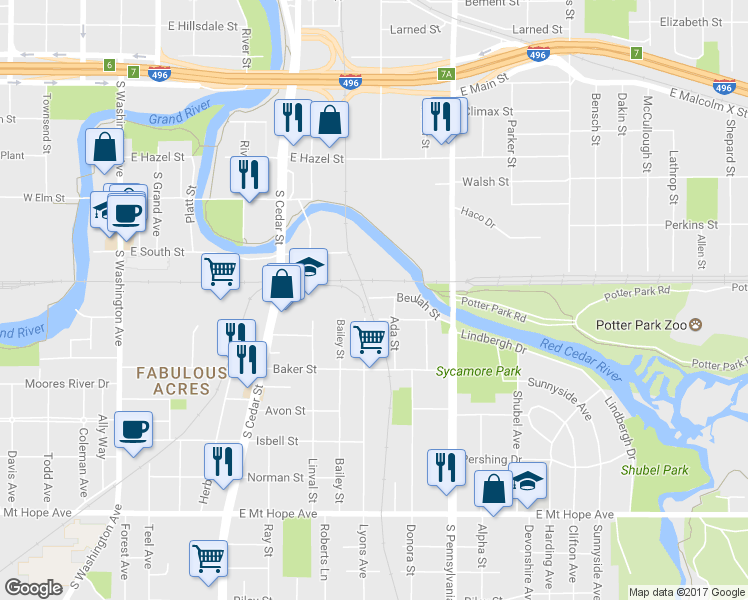 map of restaurants, bars, coffee shops, grocery stores, and more near 706 Beulah Street in Lansing