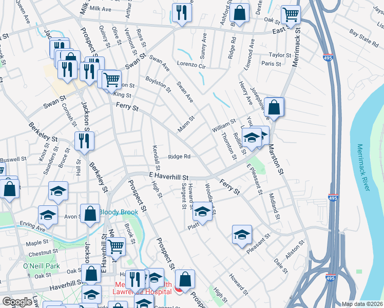 map of restaurants, bars, coffee shops, grocery stores, and more near 9 Ridge Road in Lawrence