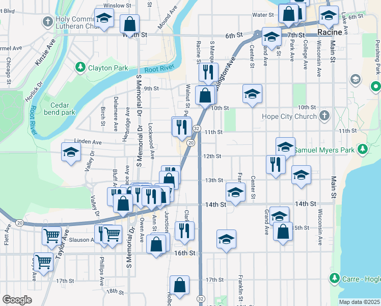 map of restaurants, bars, coffee shops, grocery stores, and more near 1149 Washington Avenue in Racine