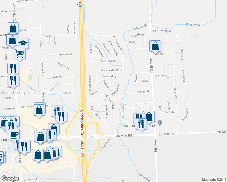 map of restaurants, bars, coffee shops, grocery stores, and more near 57686 Franklin Lane in Washington