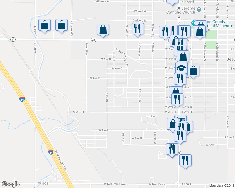 map of restaurants, bars, coffee shops, grocery stores, and more near 501 West Avenue East in Jerome