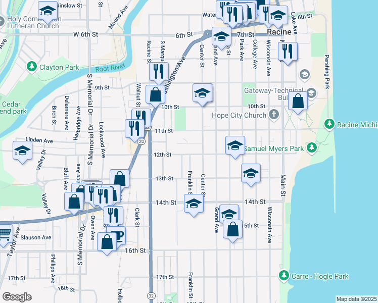 map of restaurants, bars, coffee shops, grocery stores, and more near 900 12th Street in Racine