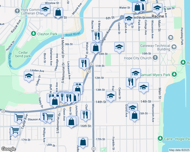 map of restaurants, bars, coffee shops, grocery stores, and more near 1118 12th Street in Racine