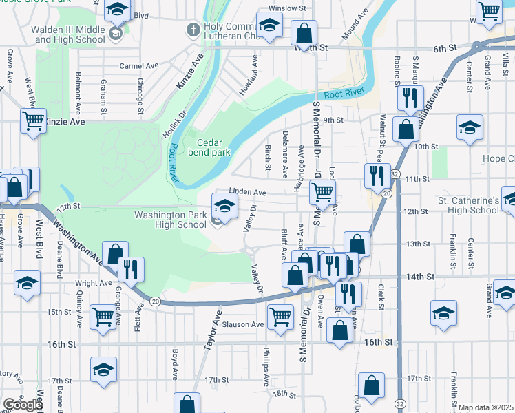 map of restaurants, bars, coffee shops, grocery stores, and more near 1842 12th Street in Racine