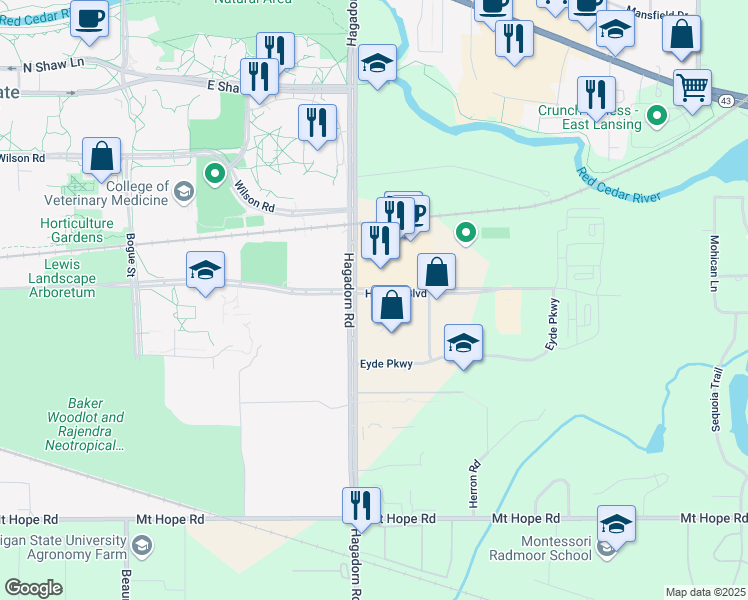 map of restaurants, bars, coffee shops, grocery stores, and more near 4700 Hagadorn Road in East Lansing