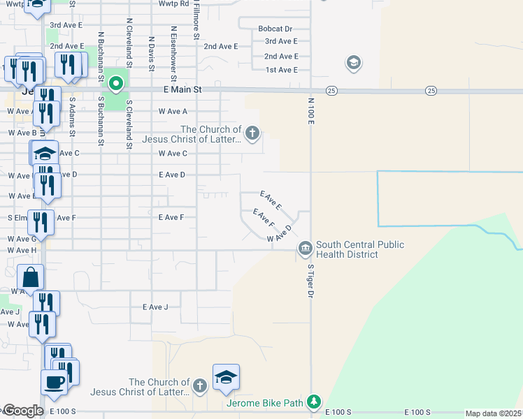 map of restaurants, bars, coffee shops, grocery stores, and more near 909 East Avenue F in Jerome
