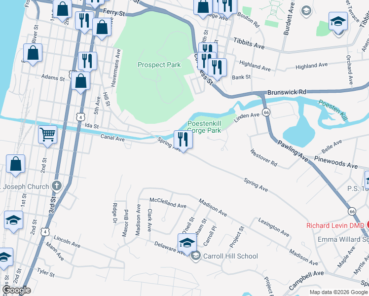 map of restaurants, bars, coffee shops, grocery stores, and more near 10 Spring Avenue in Troy