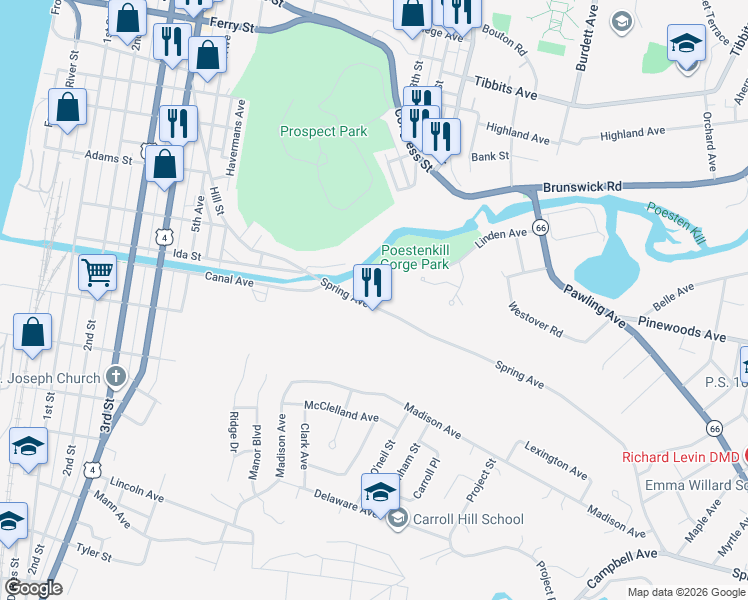 map of restaurants, bars, coffee shops, grocery stores, and more near 10 Spring Avenue in Troy