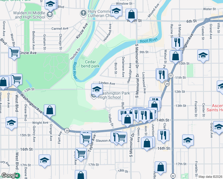 map of restaurants, bars, coffee shops, grocery stores, and more near 1842 12th Street in Racine