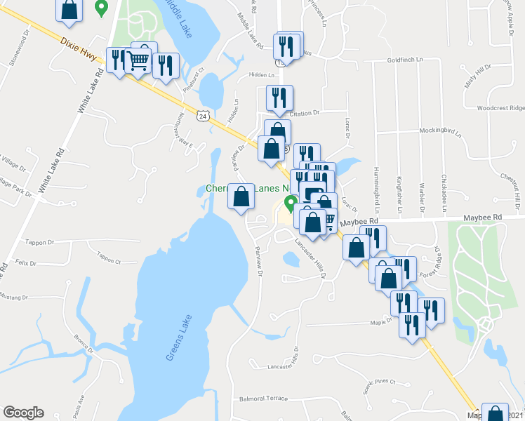 map of restaurants, bars, coffee shops, grocery stores, and more near 5480 Parview Drive in Clarkston
