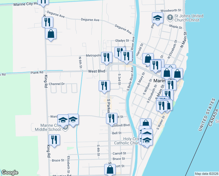 map of restaurants, bars, coffee shops, grocery stores, and more near 413 Hill Street in Marine City