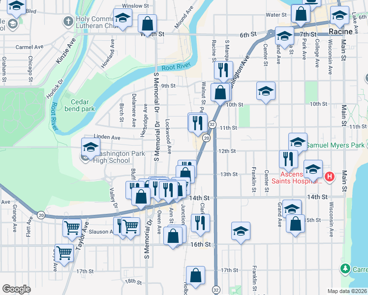 map of restaurants, bars, coffee shops, grocery stores, and more near 1338 12th Street in Racine