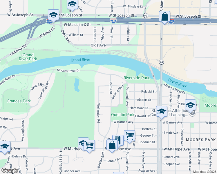 map of restaurants, bars, coffee shops, grocery stores, and more near 1409 Pettis Street in Lansing