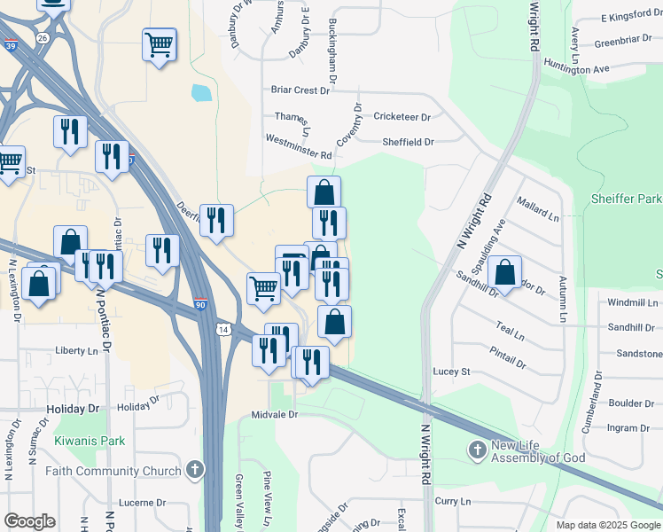 map of restaurants, bars, coffee shops, grocery stores, and more near 2900 Deerfield Drive in Janesville