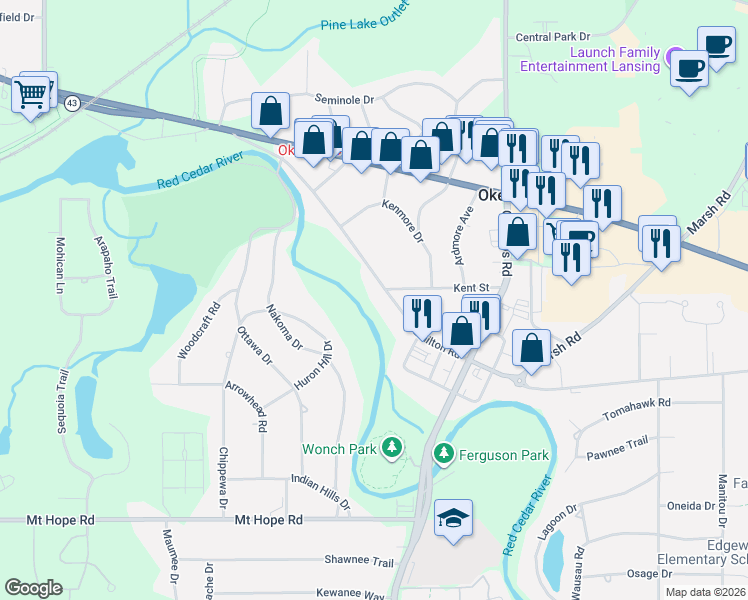 map of restaurants, bars, coffee shops, grocery stores, and more near 2227 Hamilton Road in Meridian charter Township