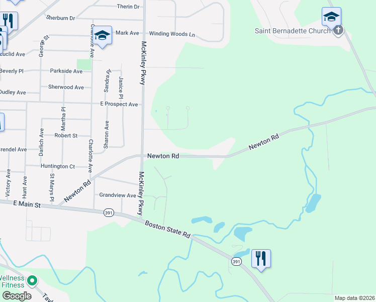 map of restaurants, bars, coffee shops, grocery stores, and more near 4642 Newton Road in Hamburg