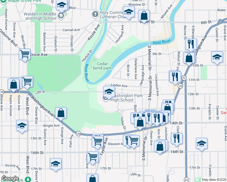 map of restaurants, bars, coffee shops, grocery stores, and more near 1926 12th Street in Racine