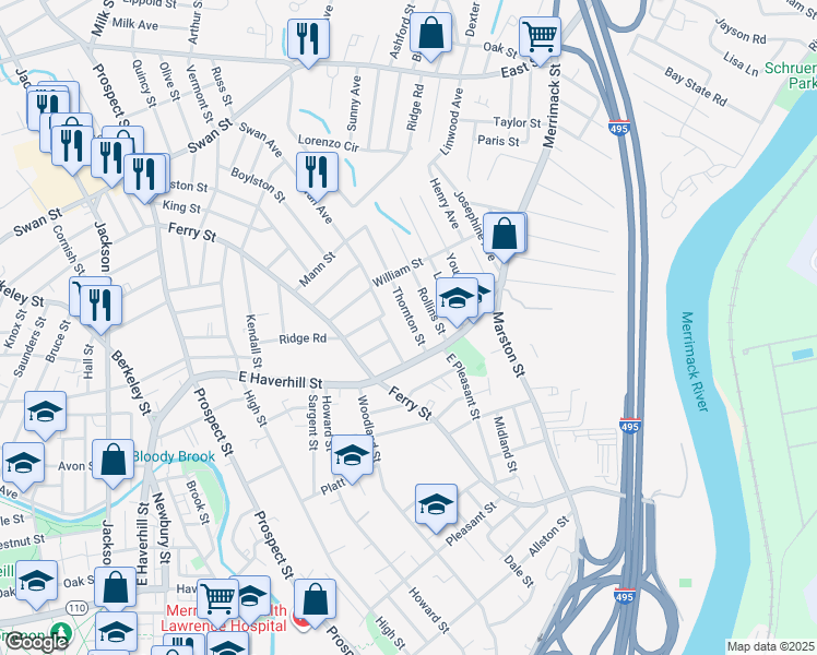 map of restaurants, bars, coffee shops, grocery stores, and more near 17 Hamilton Street in Lawrence