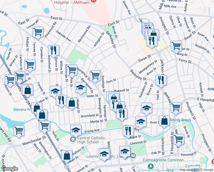 map of restaurants, bars, coffee shops, grocery stores, and more near 103 Bunkerhill Street in Lawrence