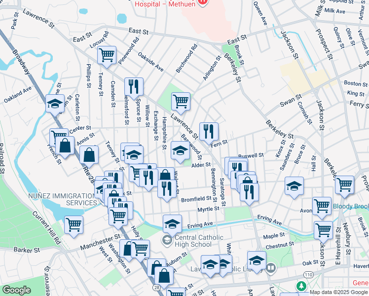 map of restaurants, bars, coffee shops, grocery stores, and more near 205 Walnut Street in Lawrence
