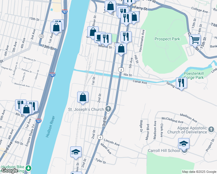 map of restaurants, bars, coffee shops, grocery stores, and more near 253 Madison Street in Troy