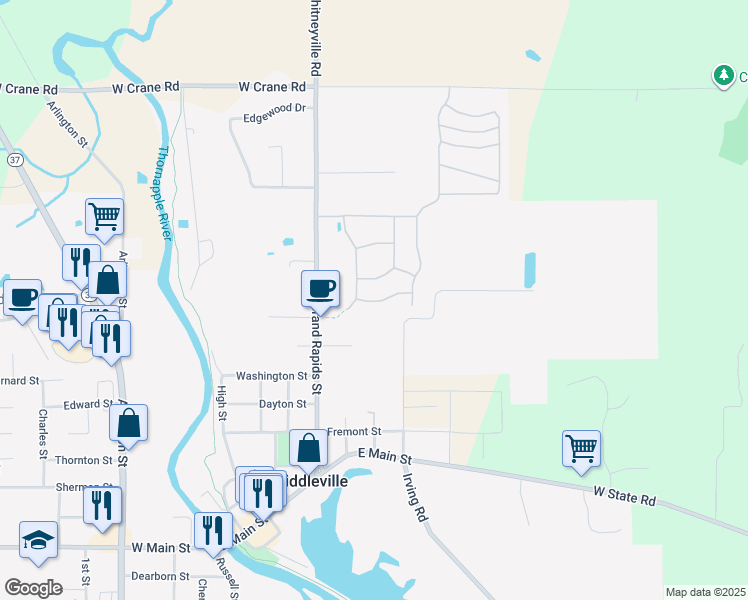 map of restaurants, bars, coffee shops, grocery stores, and more near 451 Lincoln Street in Middleville