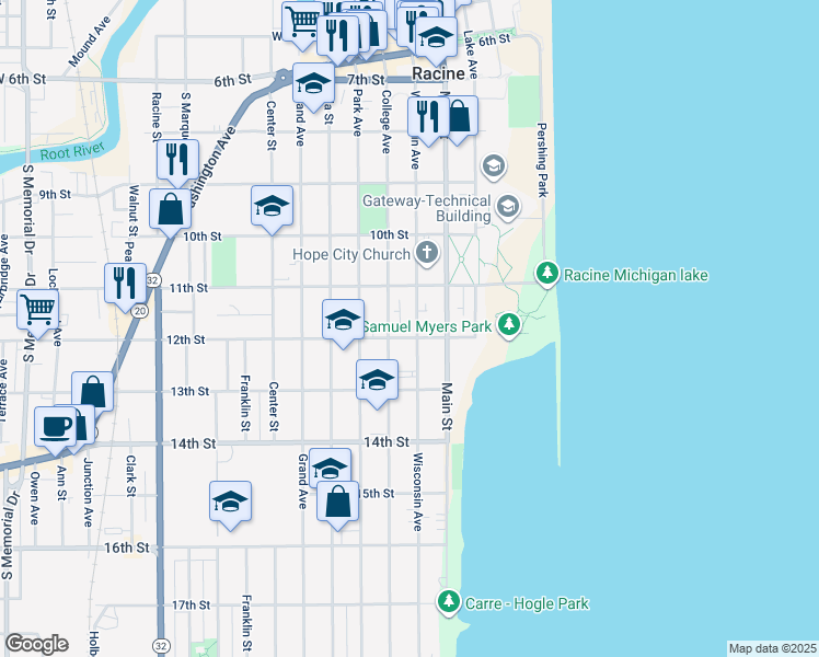 map of restaurants, bars, coffee shops, grocery stores, and more near 1201 College Avenue in Racine