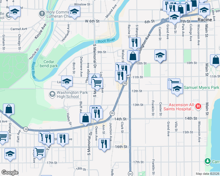 map of restaurants, bars, coffee shops, grocery stores, and more near 1338 12th Street in Racine