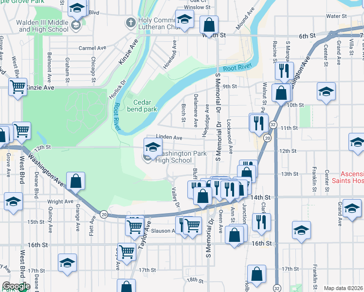 map of restaurants, bars, coffee shops, grocery stores, and more near 1842 12th Street in Racine
