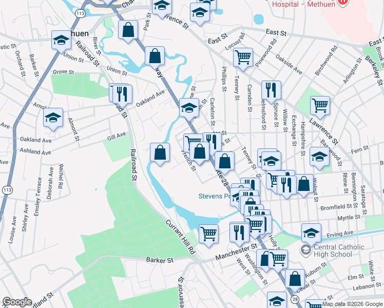 map of restaurants, bars, coffee shops, grocery stores, and more near 23 Chase Street in Methuen