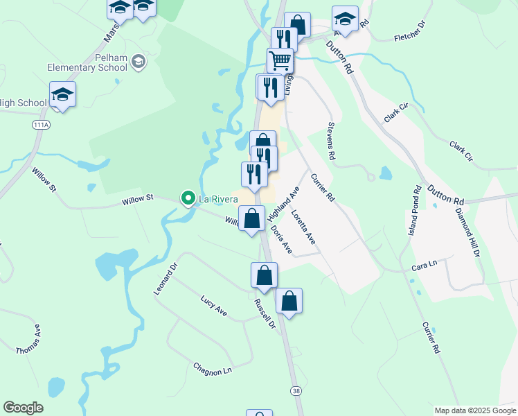 map of restaurants, bars, coffee shops, grocery stores, and more near Bridge Street in Pelham