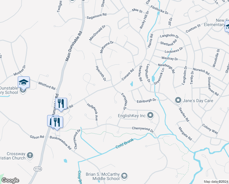map of restaurants, bars, coffee shops, grocery stores, and more near 1 Carnation Circle in Nashua