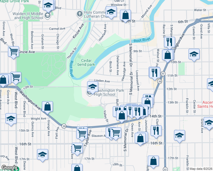 map of restaurants, bars, coffee shops, grocery stores, and more near 1137 Valley Drive in Racine