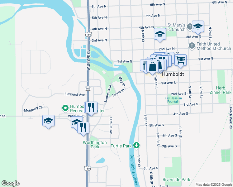 map of restaurants, bars, coffee shops, grocery stores, and more near Lewis Street in Humboldt