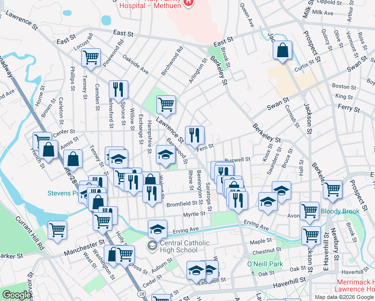 map of restaurants, bars, coffee shops, grocery stores, and more near 278 Lawrence Street in Lawrence