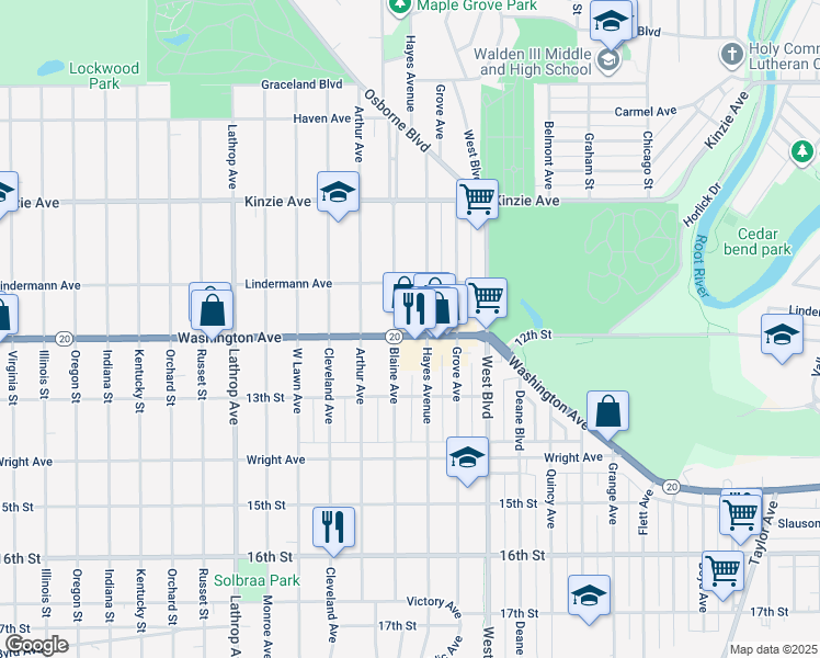 map of restaurants, bars, coffee shops, grocery stores, and more near 3311 Washington Avenue in Racine