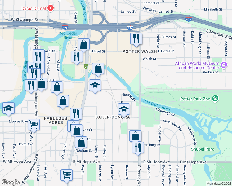 map of restaurants, bars, coffee shops, grocery stores, and more near 706 Beulah Street in Lansing