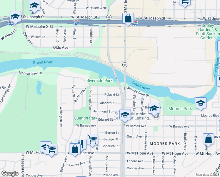 map of restaurants, bars, coffee shops, grocery stores, and more near 1300 Pulaski Street in Lansing