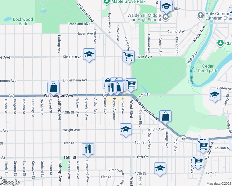 map of restaurants, bars, coffee shops, grocery stores, and more near 3311 Washington Avenue in Racine