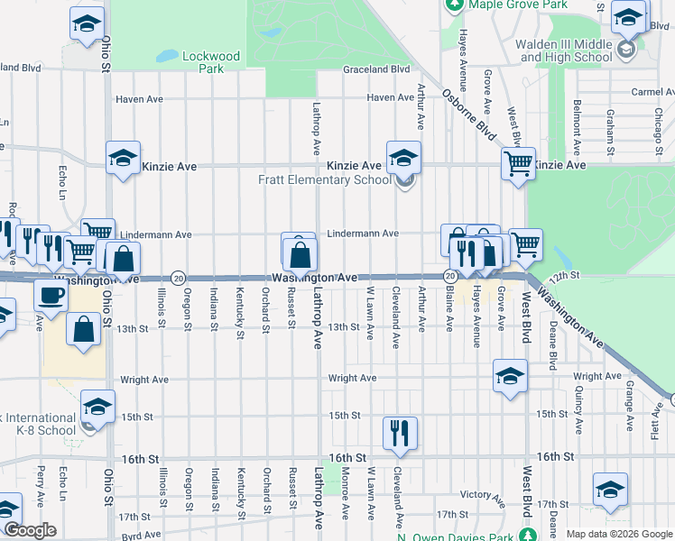 map of restaurants, bars, coffee shops, grocery stores, and more near 3801 Washington Avenue in Racine