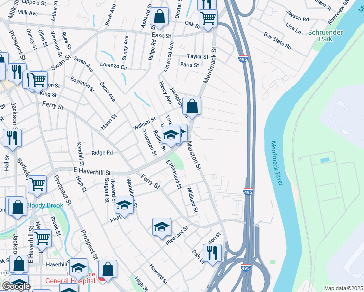 map of restaurants, bars, coffee shops, grocery stores, and more near 265 East Haverhill Street in Lawrence