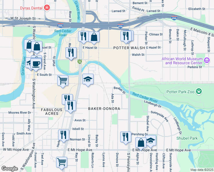 map of restaurants, bars, coffee shops, grocery stores, and more near 706 Beulah Street in Lansing