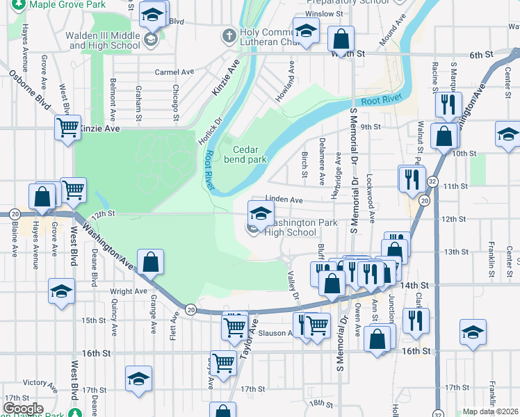 map of restaurants, bars, coffee shops, grocery stores, and more near 1926 12th Street in Racine